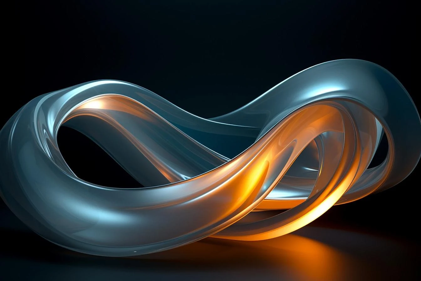 Sculptural metallic ribbon with cyan and amber reflections