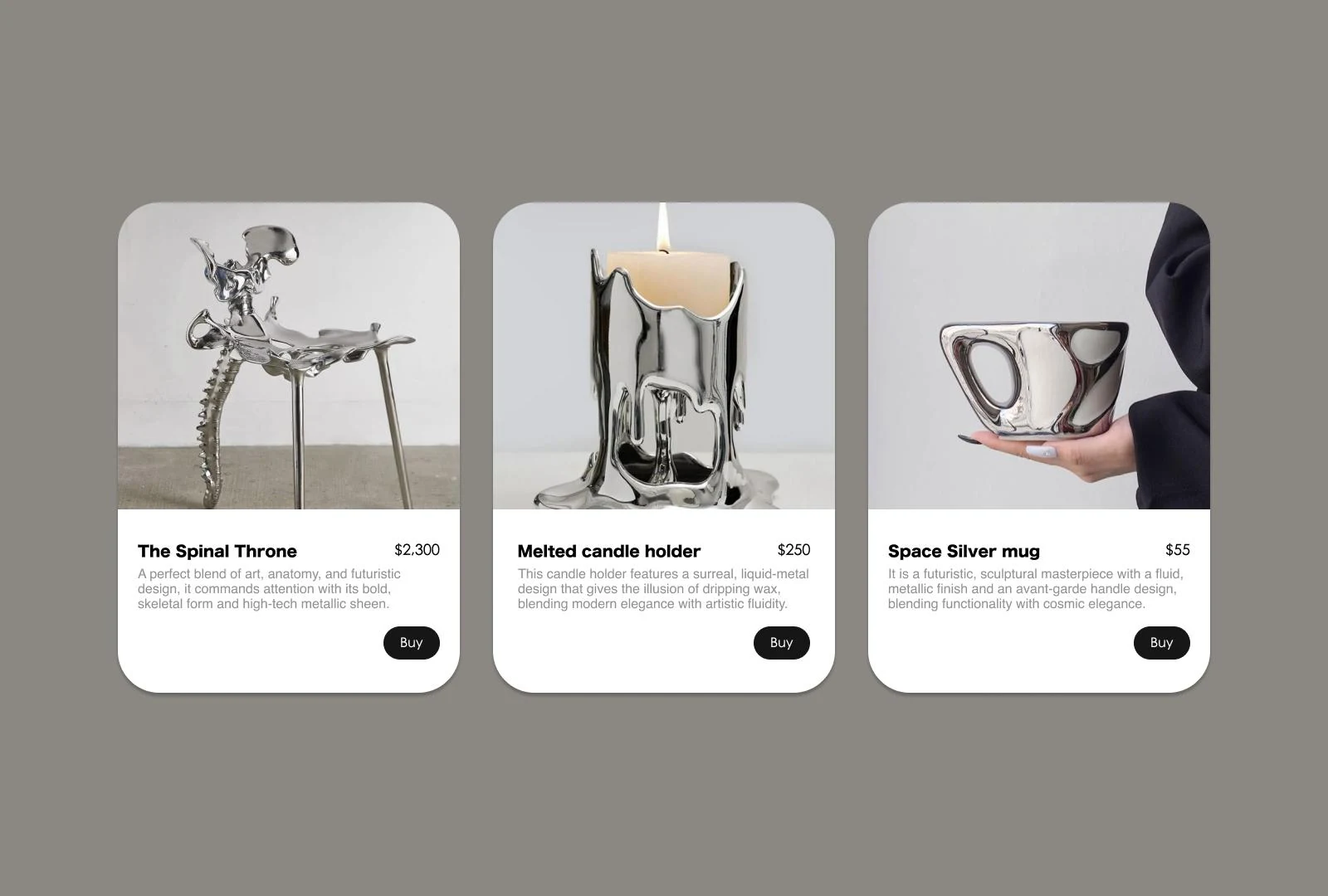 Three sculptural objects displayed in minimalist editorial product cards