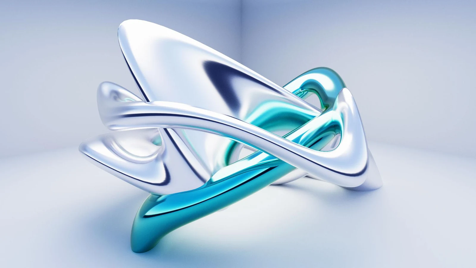 Sculptural silver and cyan ribbons on a pale architectural backdrop